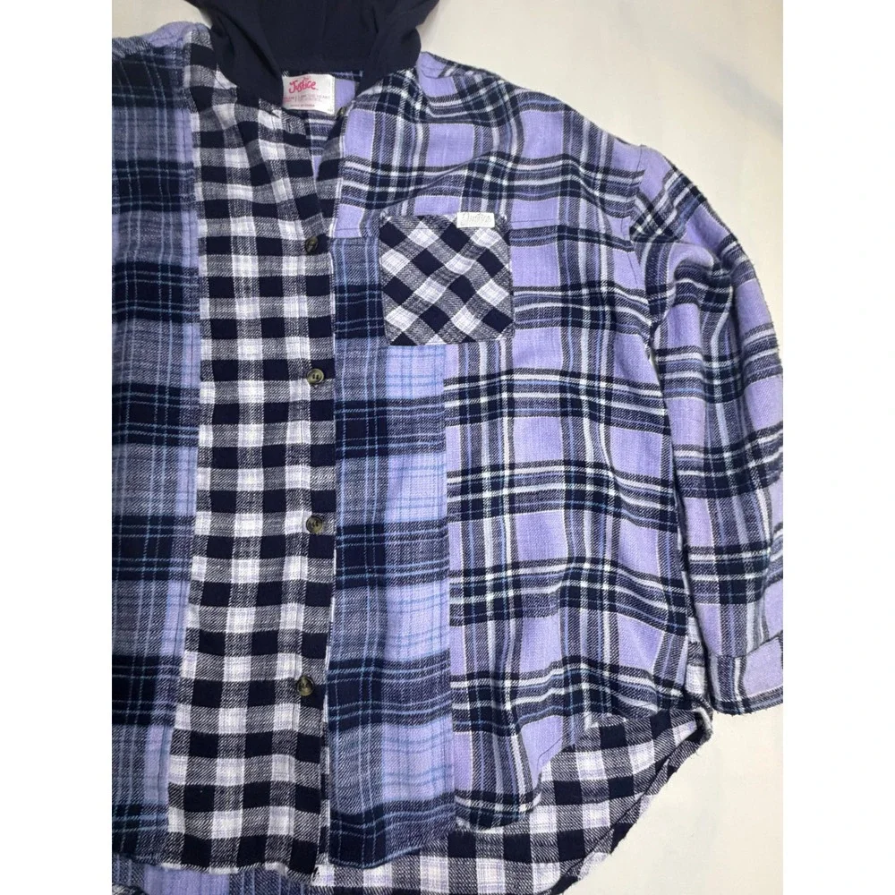 Justice Girls XL Plus Purple Patchwork Plaid Hooded Button Down Shirt 16P 18P